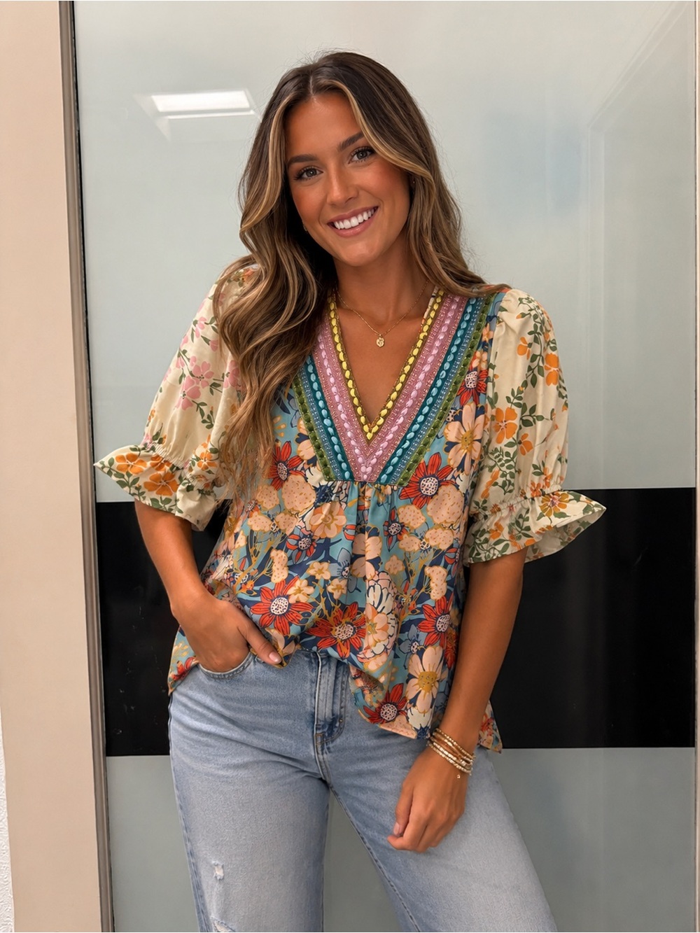 Boho Floral V-Neck Peasant Top - Multicolor